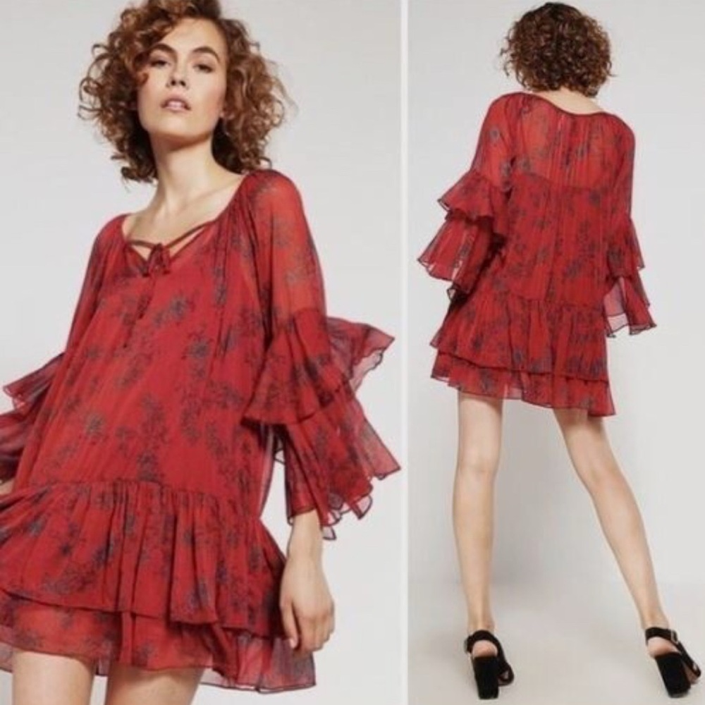 Free People Red Sunsetter Peasant Floral Mini Dress